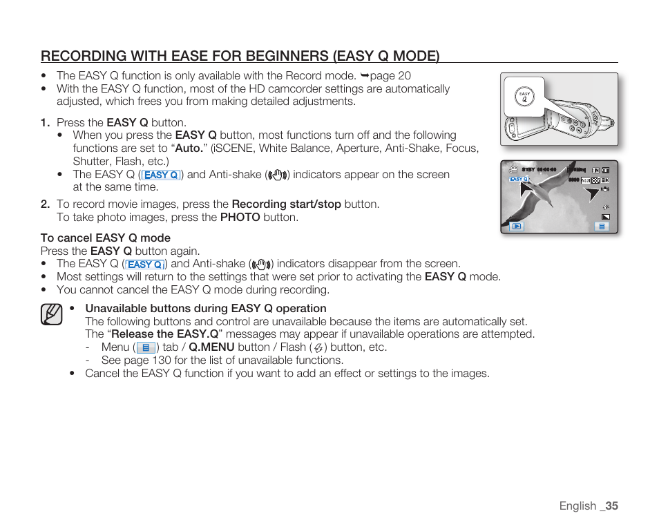 Recording with ease for beginners (easy q mode) | Samsung HMX-H105BN-XAA User Manual | Page 49 / 147