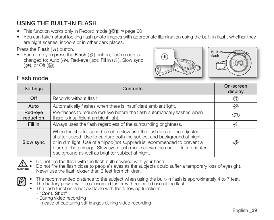 Using the built-in flash, Flash mode | Samsung HMX-H105BN-XAA User Manual | Page 53 / 147