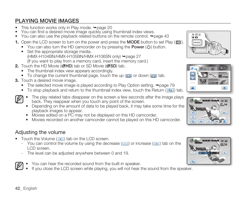 Playing movie images, Adjusting the volume | Samsung HMX-H105BN-XAA User Manual | Page 56 / 147