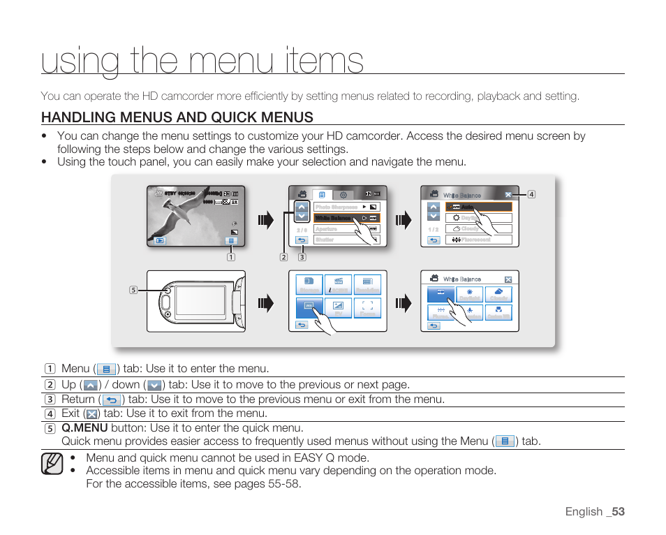 Using the menu items, Handling menus and quick menus, English _ 53 | Samsung HMX-H105BN-XAA User Manual | Page 67 / 147