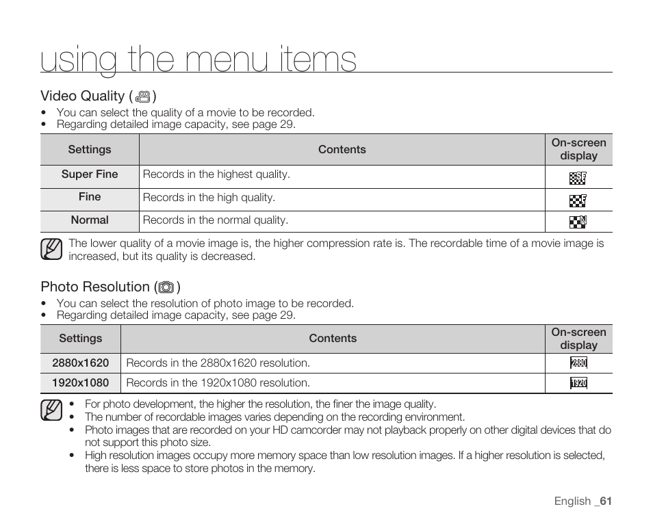 Using the menu items | Samsung HMX-H105BN-XAA User Manual | Page 75 / 147