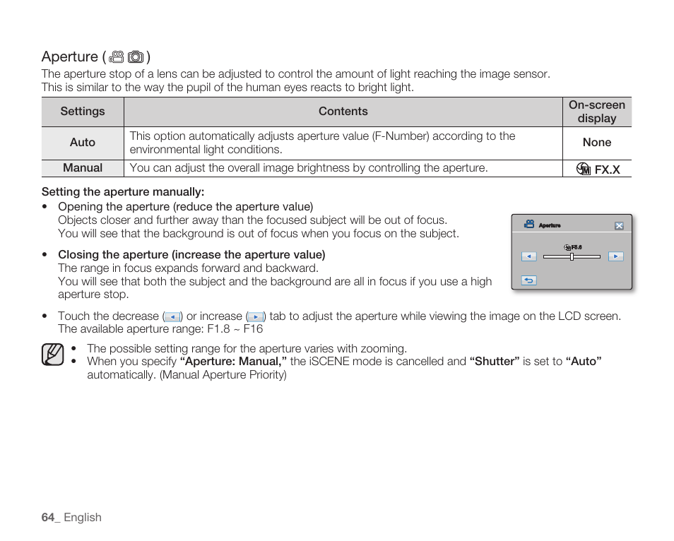 Aperture ( ) | Samsung HMX-H105BN-XAA User Manual | Page 78 / 147