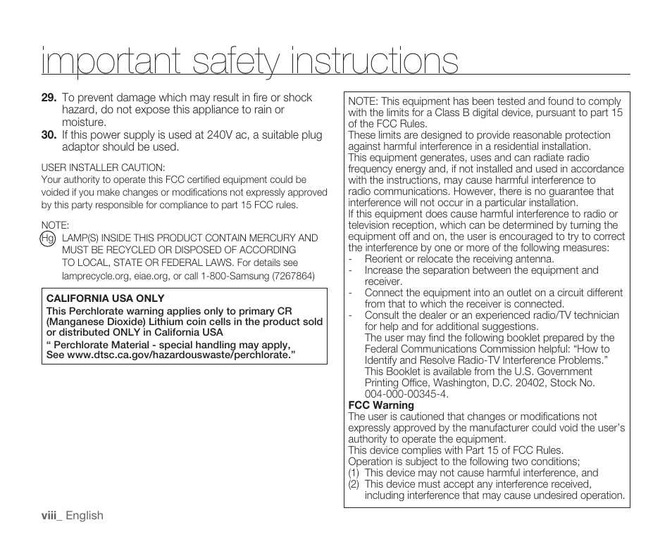 Important safety instructions | Samsung HMX-H105BN-XAA User Manual | Page 8 / 147