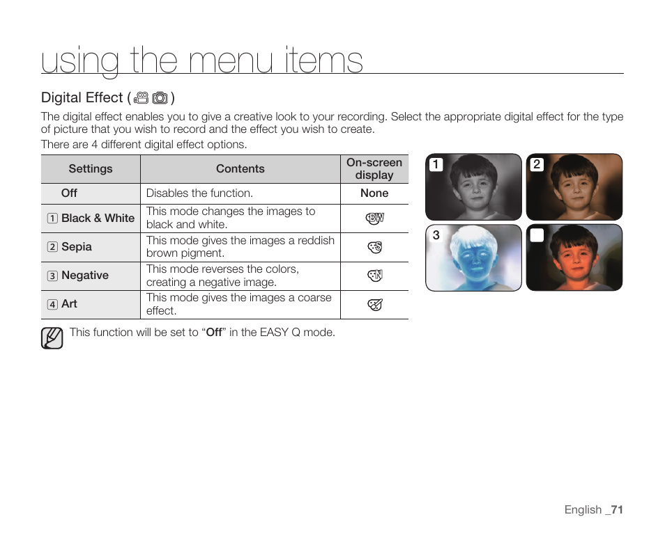 Using the menu items | Samsung HMX-H105BN-XAA User Manual | Page 85 / 147