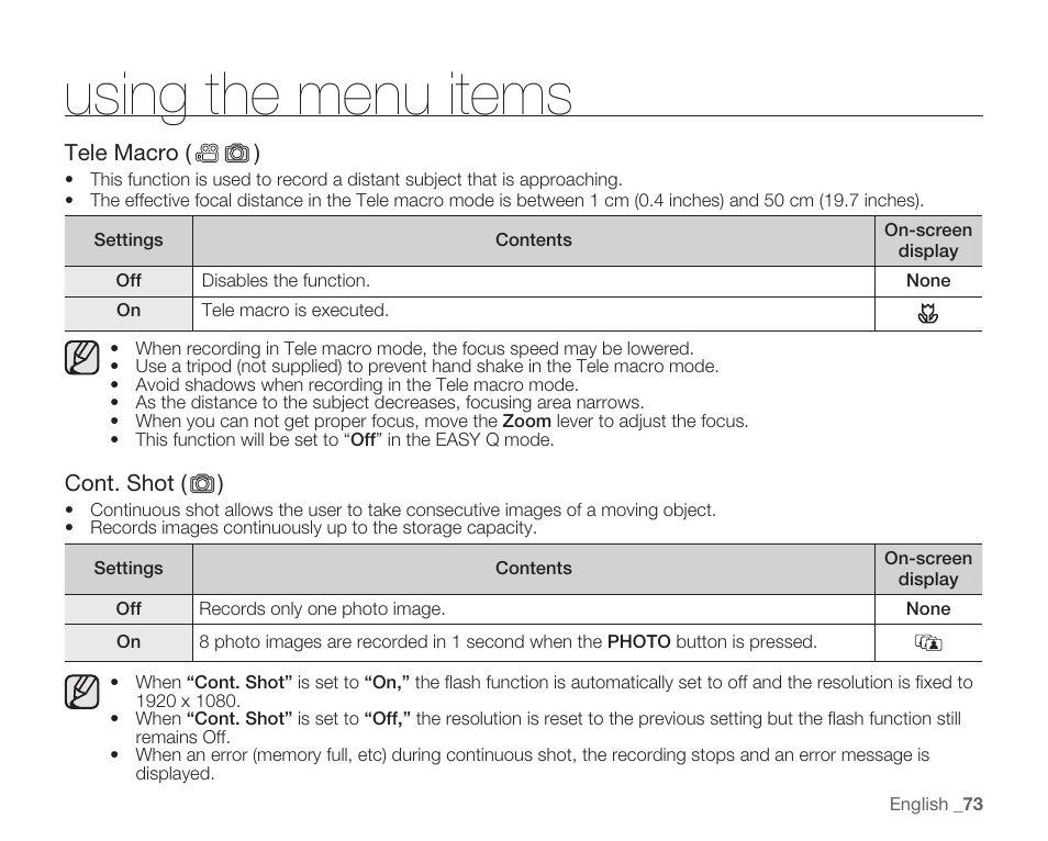 Using the menu items | Samsung HMX-H105BN-XAA User Manual | Page 87 / 147