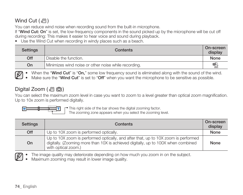 Wind cut ( ), Digital zoom ( ) | Samsung HMX-H105BN-XAA User Manual | Page 88 / 147