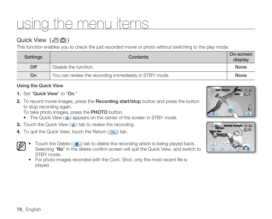 Using the menu items, Quick view ( ) | Samsung HMX-H105BN-XAA User Manual | Page 92 / 147