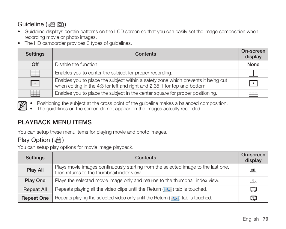 Playback menu items, Guideline ( ), Play option ( ) | Samsung HMX-H105BN-XAA User Manual | Page 93 / 147