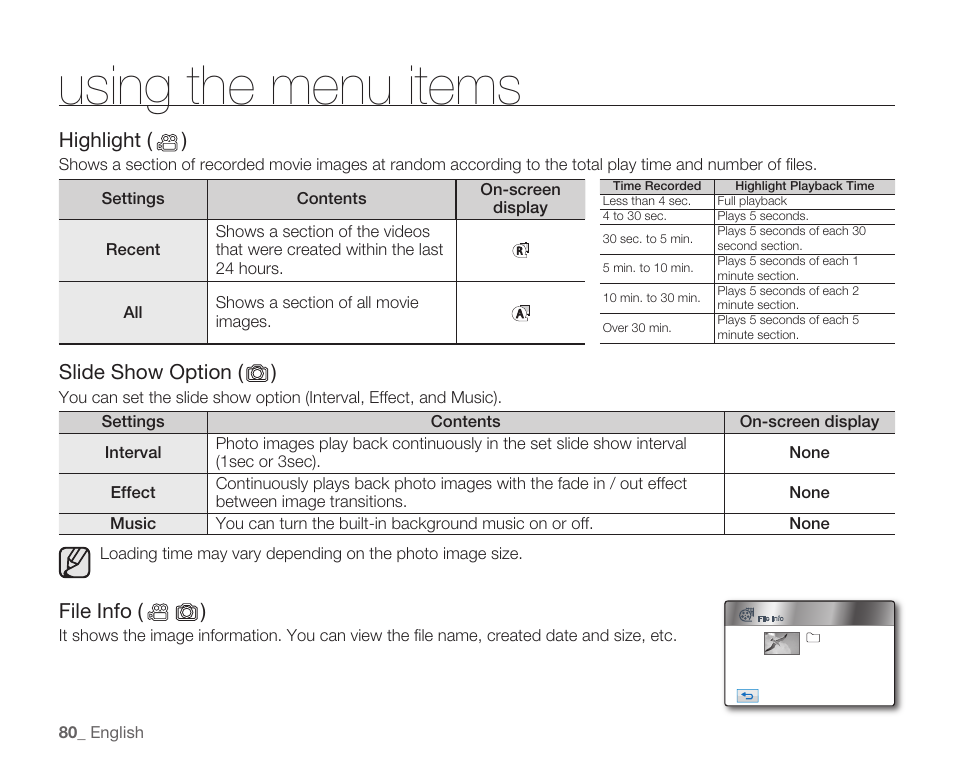 Using the menu items, Highlight ( ), Slide show option ( ) | File info ( ) | Samsung HMX-H105BN-XAA User Manual | Page 94 / 147