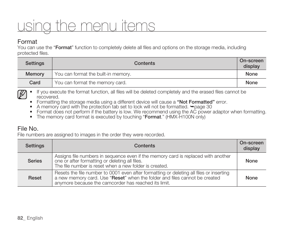 Using the menu items | Samsung HMX-H105BN-XAA User Manual | Page 96 / 147