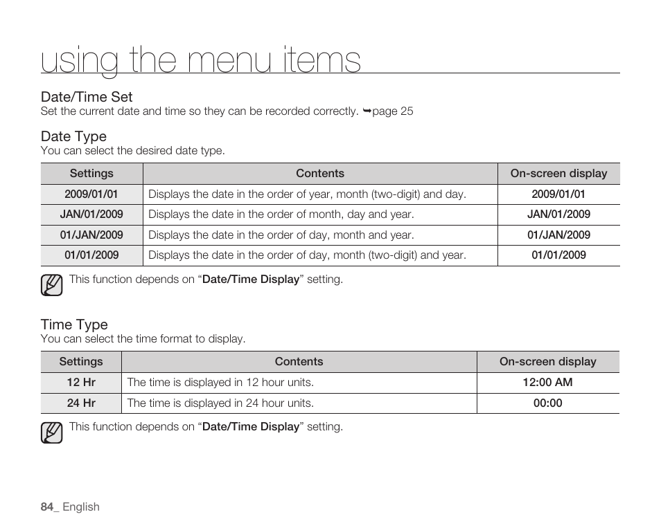 Using the menu items | Samsung HMX-H105BN-XAA User Manual | Page 98 / 147