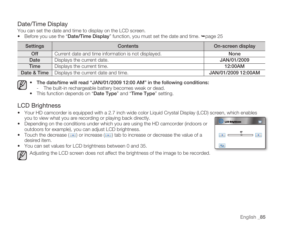 Date/time display, Lcd brightness | Samsung HMX-H105BN-XAA User Manual | Page 99 / 147