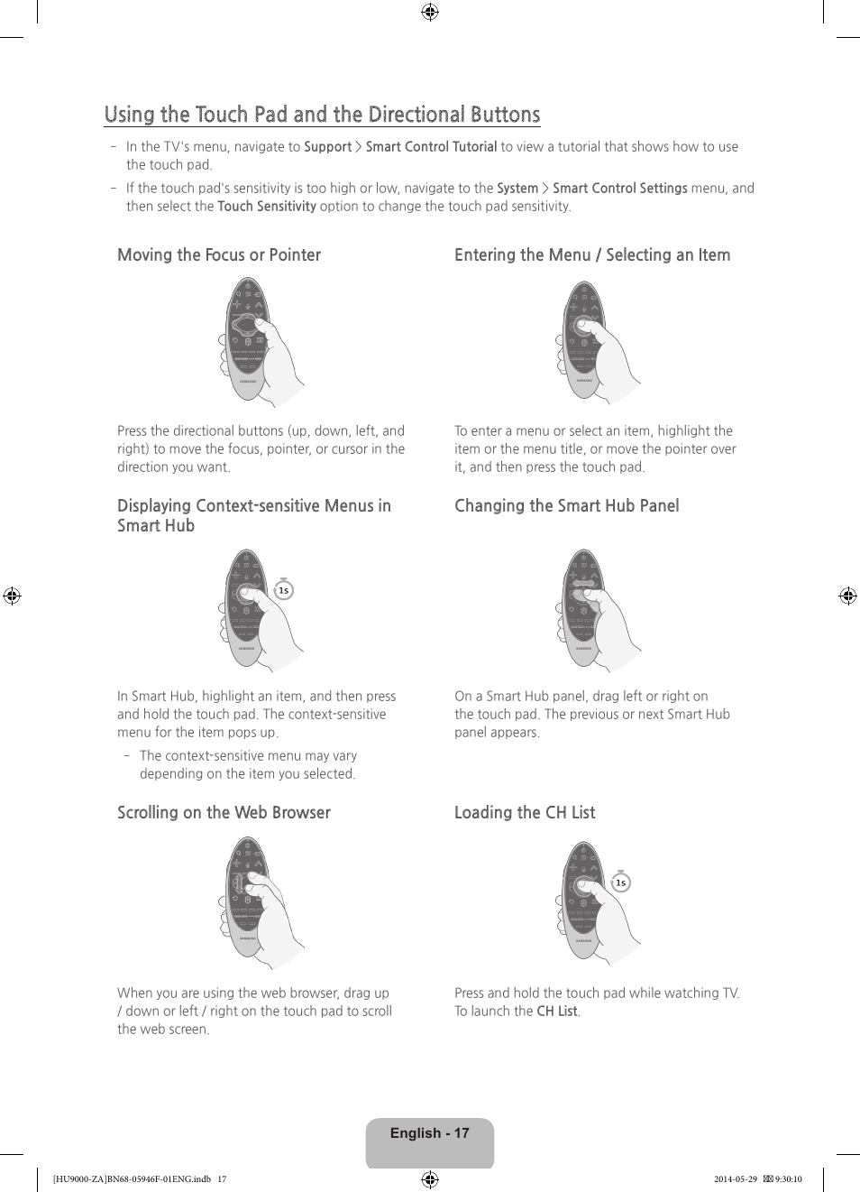 Using the touch pad and the directional buttons | Samsung UN78HU9000FXZA User Manual | Page 17 / 43