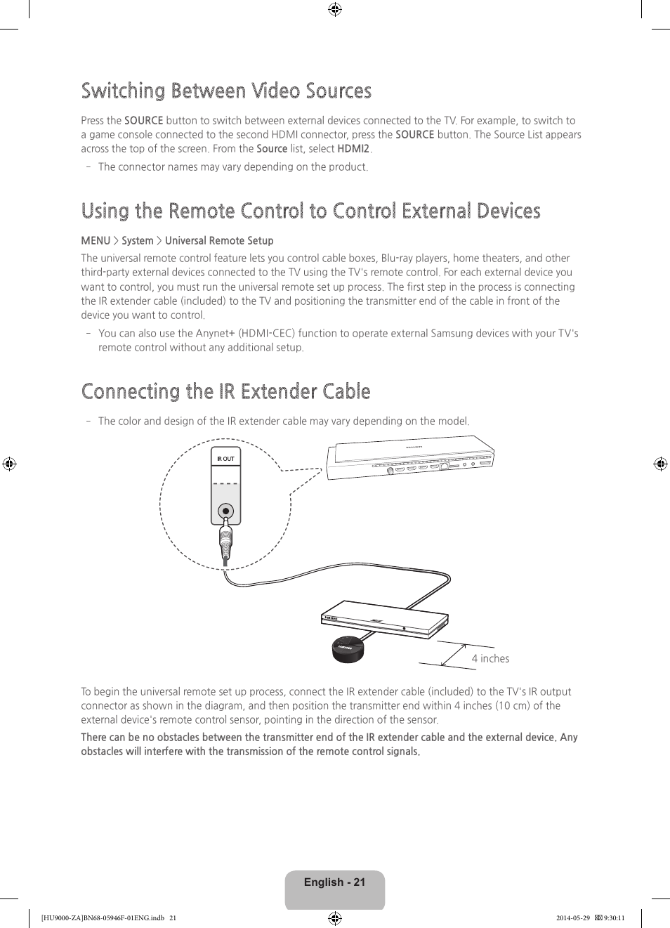 Switching between video sources, Connecting the ir extender cable | Samsung UN78HU9000FXZA User Manual | Page 21 / 43
