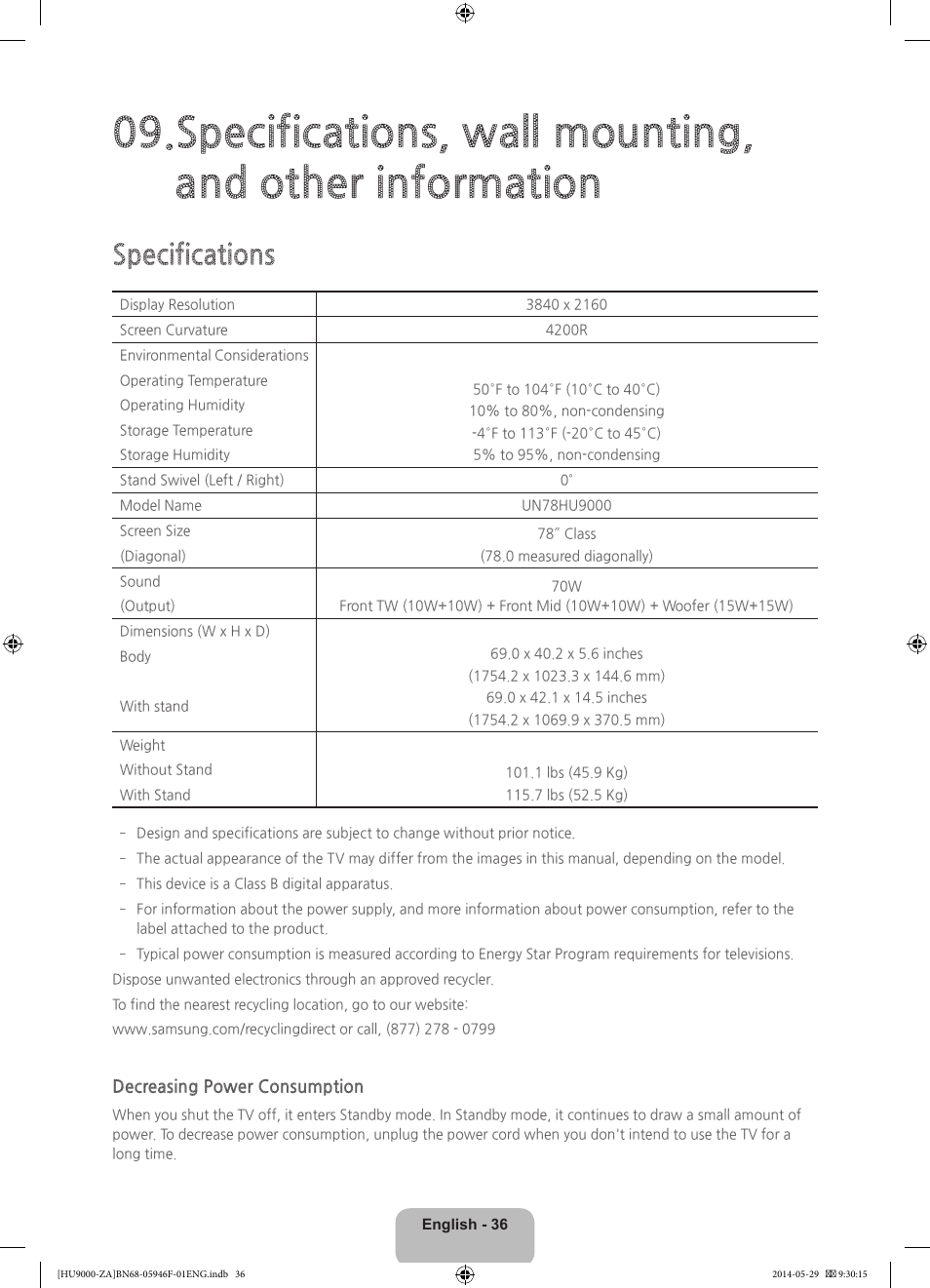 Specifications | Samsung UN78HU9000FXZA User Manual | Page 36 / 43