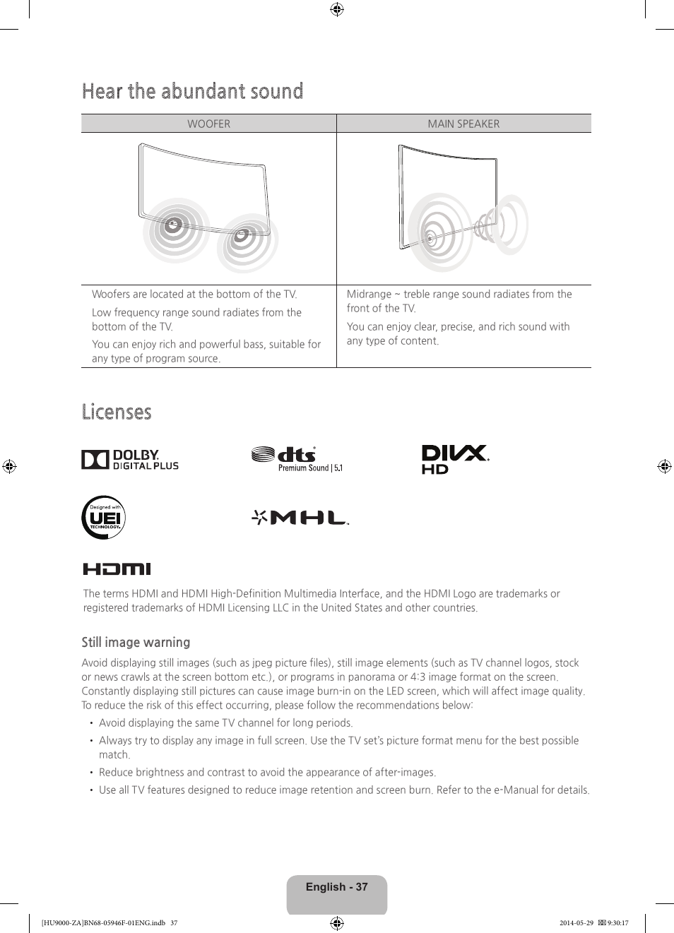 Hear the abundant sound, Licenses | Samsung UN78HU9000FXZA User Manual | Page 37 / 43