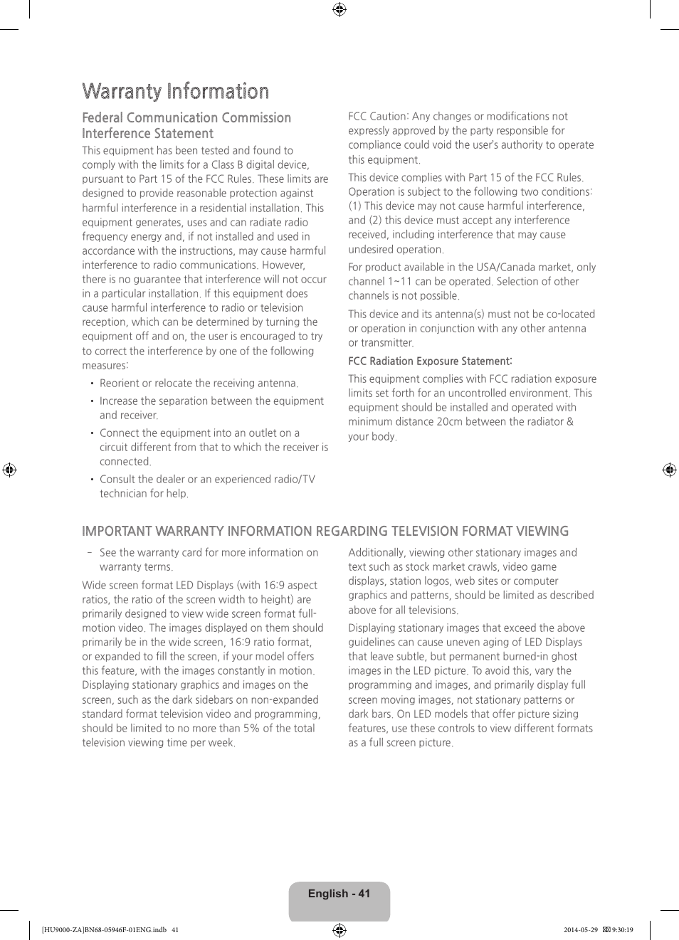 Warranty information | Samsung UN78HU9000FXZA User Manual | Page 41 / 43