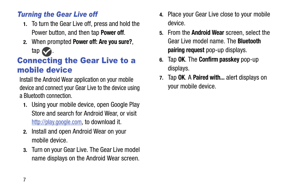 Turning the gear live off, Connecting the gear live to a mobile device | Samsung SM-R3820ZKAXAR User Manual | Page 12 / 49