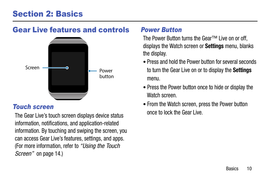 Section 2: basics, Gear live features and controls, Touch screen | Power button | Samsung SM-R3820ZKAXAR User Manual | Page 15 / 49