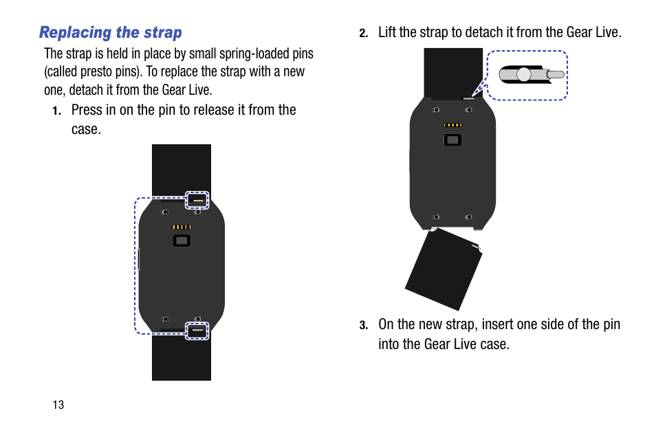 Replacing the strap | Samsung SM-R3820ZKAXAR User Manual | Page 18 / 49