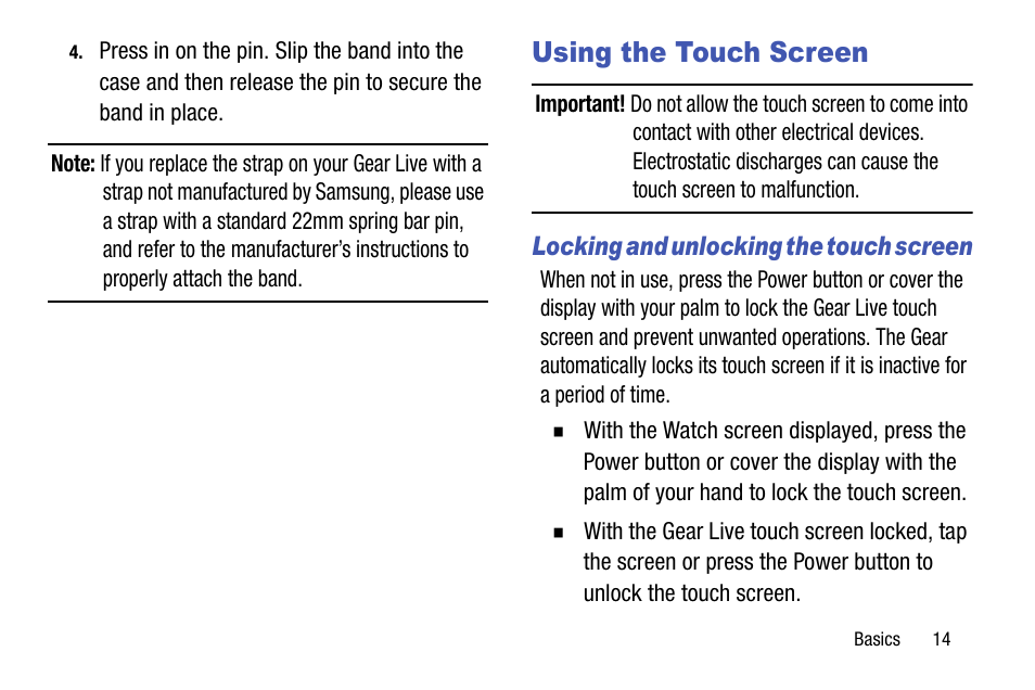 Using the touch screen, Locking and unlocking the touch screen | Samsung SM-R3820ZKAXAR User Manual | Page 19 / 49