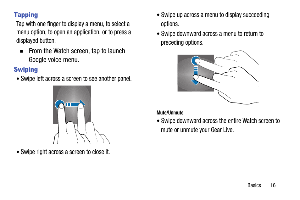 Tapping, Swiping | Samsung SM-R3820ZKAXAR User Manual | Page 21 / 49