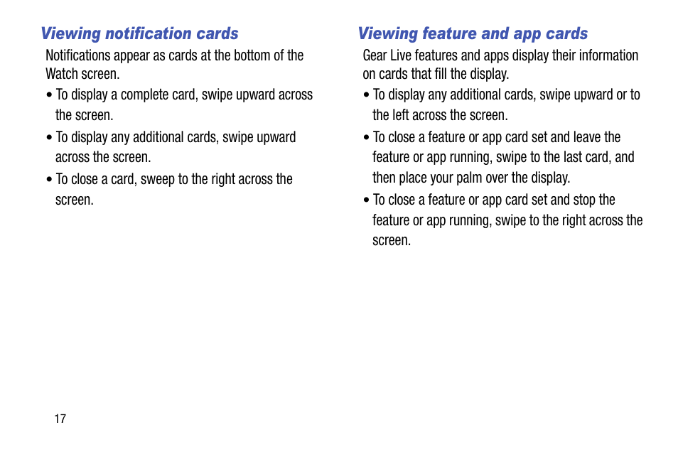 Viewing notification cards, Viewing feature and app cards | Samsung SM-R3820ZKAXAR User Manual | Page 22 / 49