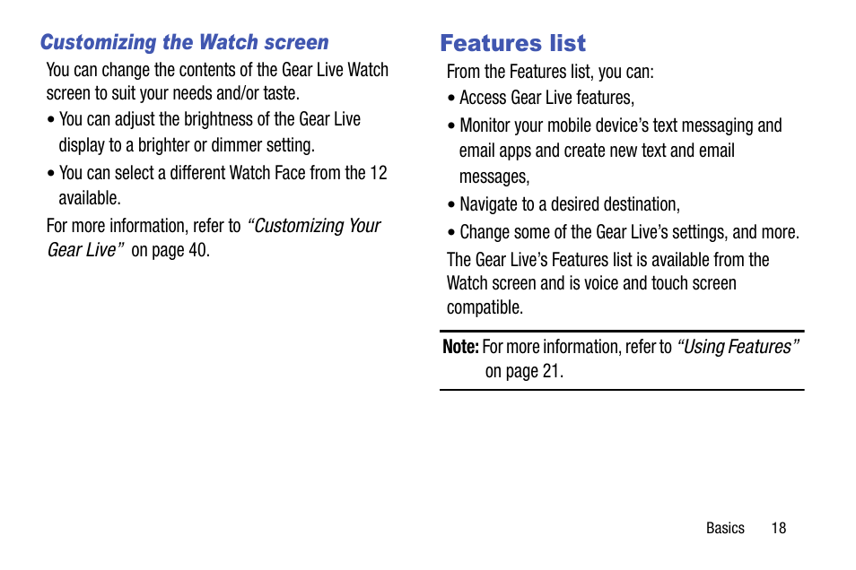 Customizing the watch screen, Features list | Samsung SM-R3820ZKAXAR User Manual | Page 23 / 49