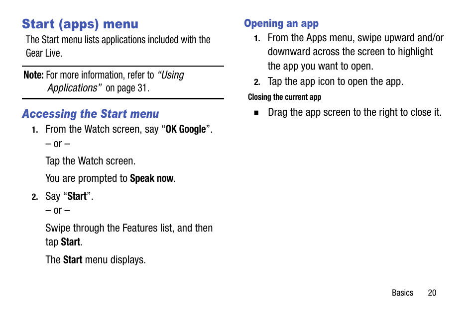 Start (apps) menu, Accessing the start menu, Opening an app | Samsung SM-R3820ZKAXAR User Manual | Page 25 / 49