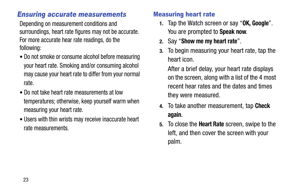 Ensuring accurate measurements, Measuring heart rate | Samsung SM-R3820ZKAXAR User Manual | Page 28 / 49