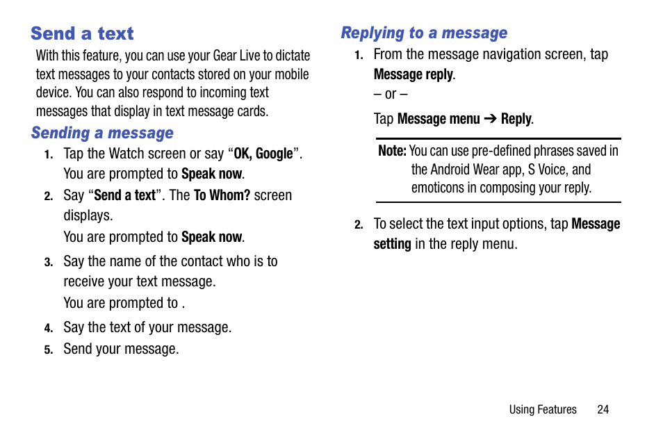 Send a text, Sending a message, Replying to a message | Samsung SM-R3820ZKAXAR User Manual | Page 29 / 49