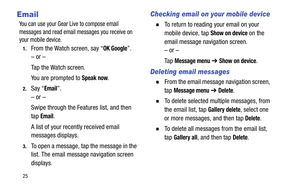 Email, Checking email on your mobile device, Deleting email messages | Samsung SM-R3820ZKAXAR User Manual | Page 30 / 49