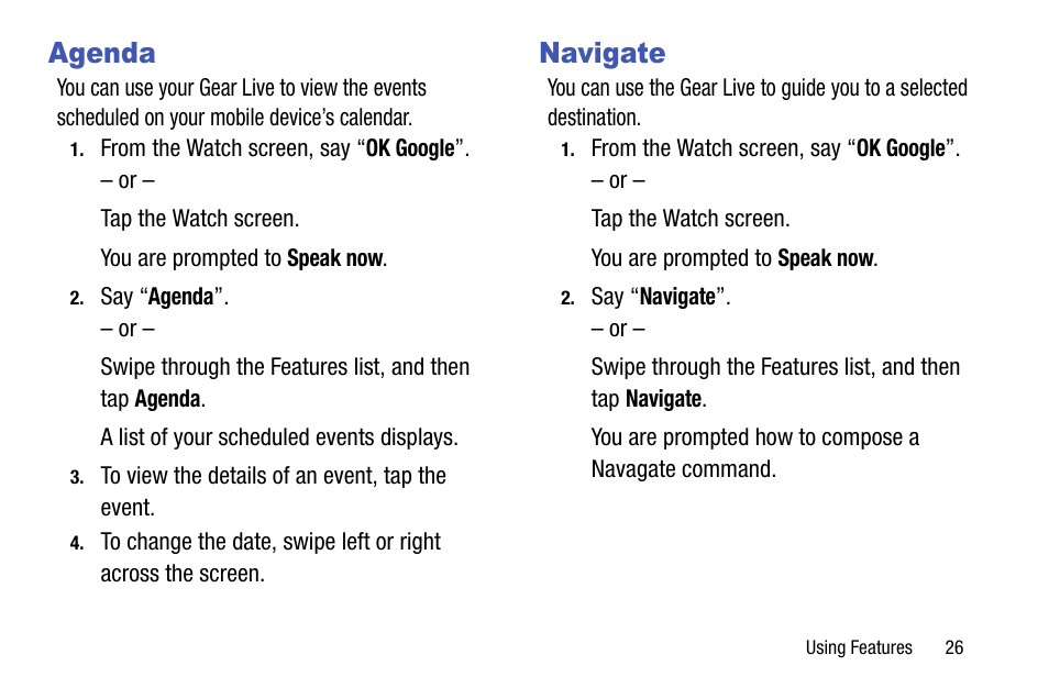 Agenda, Navigate, Agenda navigate | Samsung SM-R3820ZKAXAR User Manual | Page 31 / 49