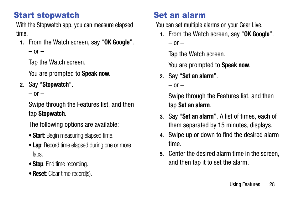 Start stopwatch, Set an alarm, Start stopwatch set an alarm | Samsung SM-R3820ZKAXAR User Manual | Page 33 / 49