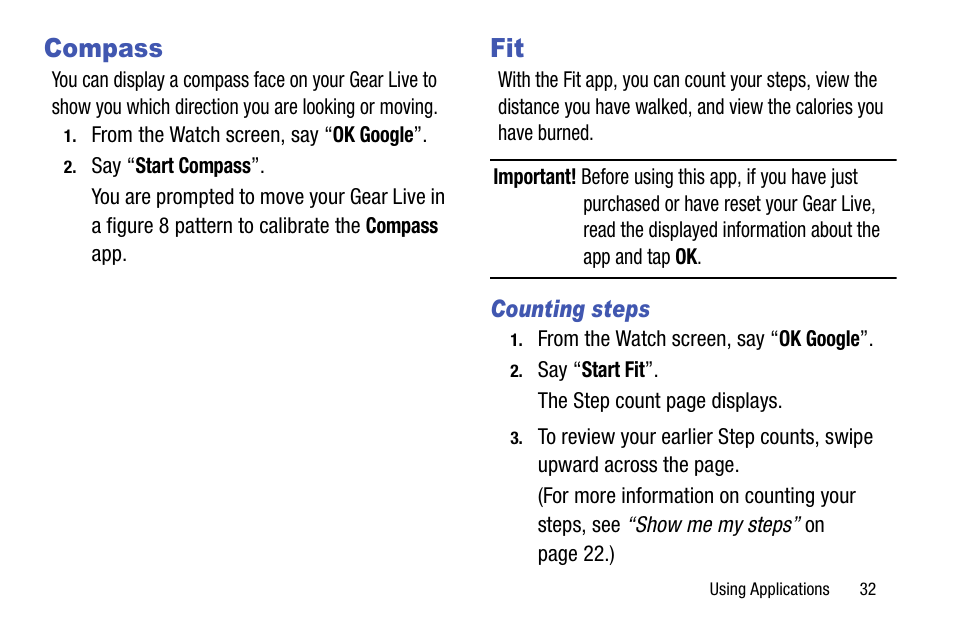 Compass, Counting steps, Compass fit | Samsung SM-R3820ZKAXAR User Manual | Page 37 / 49