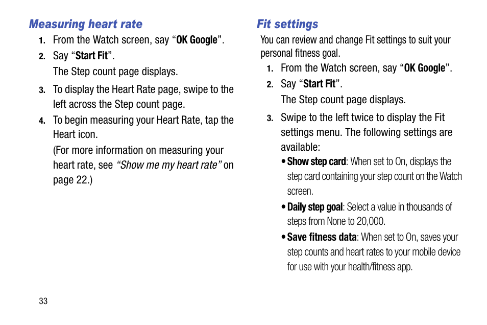 Measuring heart rate, Fit settings | Samsung SM-R3820ZKAXAR User Manual | Page 38 / 49