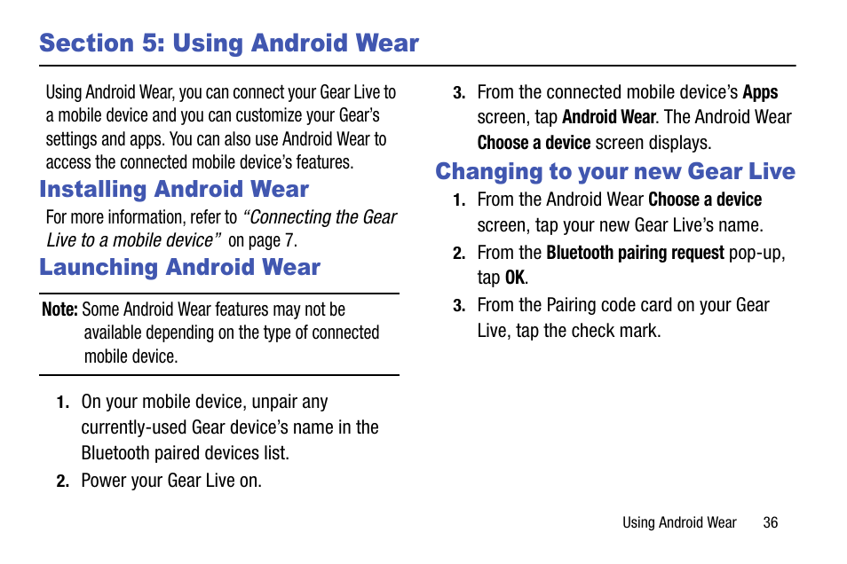 Section 5: using android wear, Installing android wear, Launching android wear | Changing to your new gear live | Samsung SM-R3820ZKAXAR User Manual | Page 41 / 49