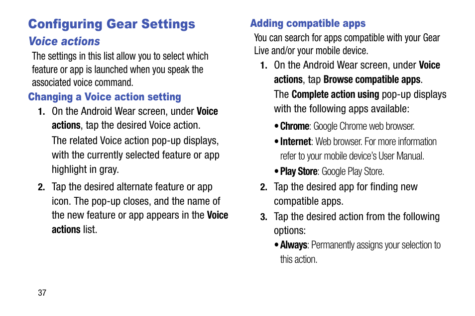 Configuring gear settings, Voice actions, Changing a voice action setting | Adding compatible apps | Samsung SM-R3820ZKAXAR User Manual | Page 42 / 49