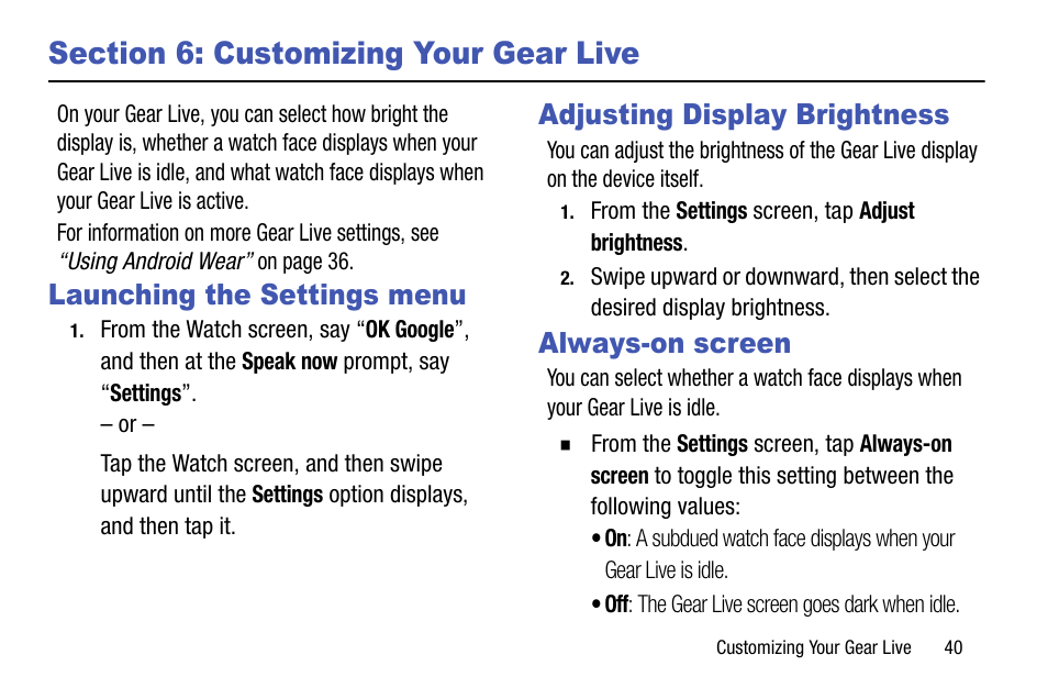 Section 6: customizing your gear live, Launching the settings menu, Adjusting display brightness | Always-on screen | Samsung SM-R3820ZKAXAR User Manual | Page 45 / 49