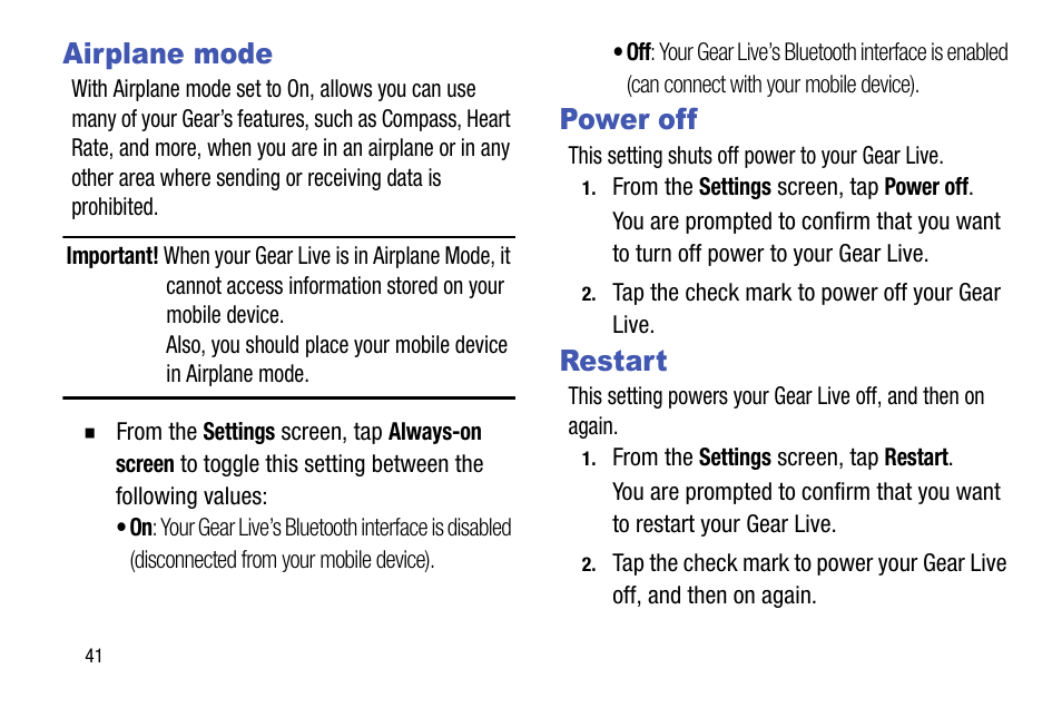 Airplane mode, Power off, Restart | Airplane mode power off restart | Samsung SM-R3820ZKAXAR User Manual | Page 46 / 49