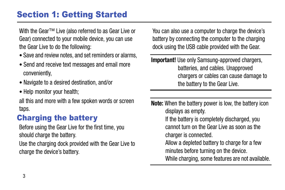 Section 1: getting started, Charging the battery | Samsung SM-R3820ZKAXAR User Manual | Page 8 / 49