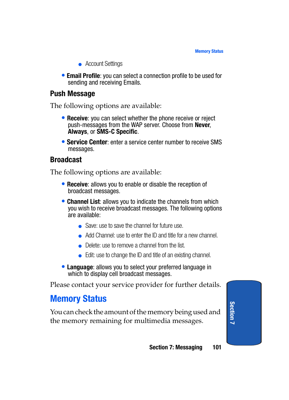 Memory status, Push message, Broadcast | Samsung SEGD357MSACIN User Manual | Page 105 / 210