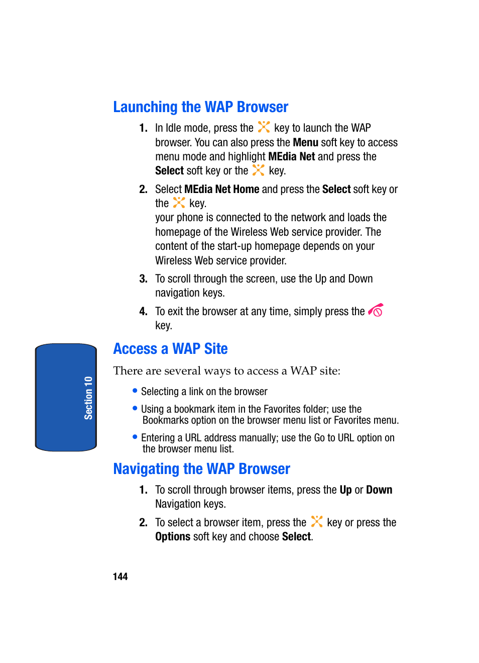 Launching the wap browser, Access a wap site, Navigating the wap browser | Samsung SEGD357MSACIN User Manual | Page 148 / 210