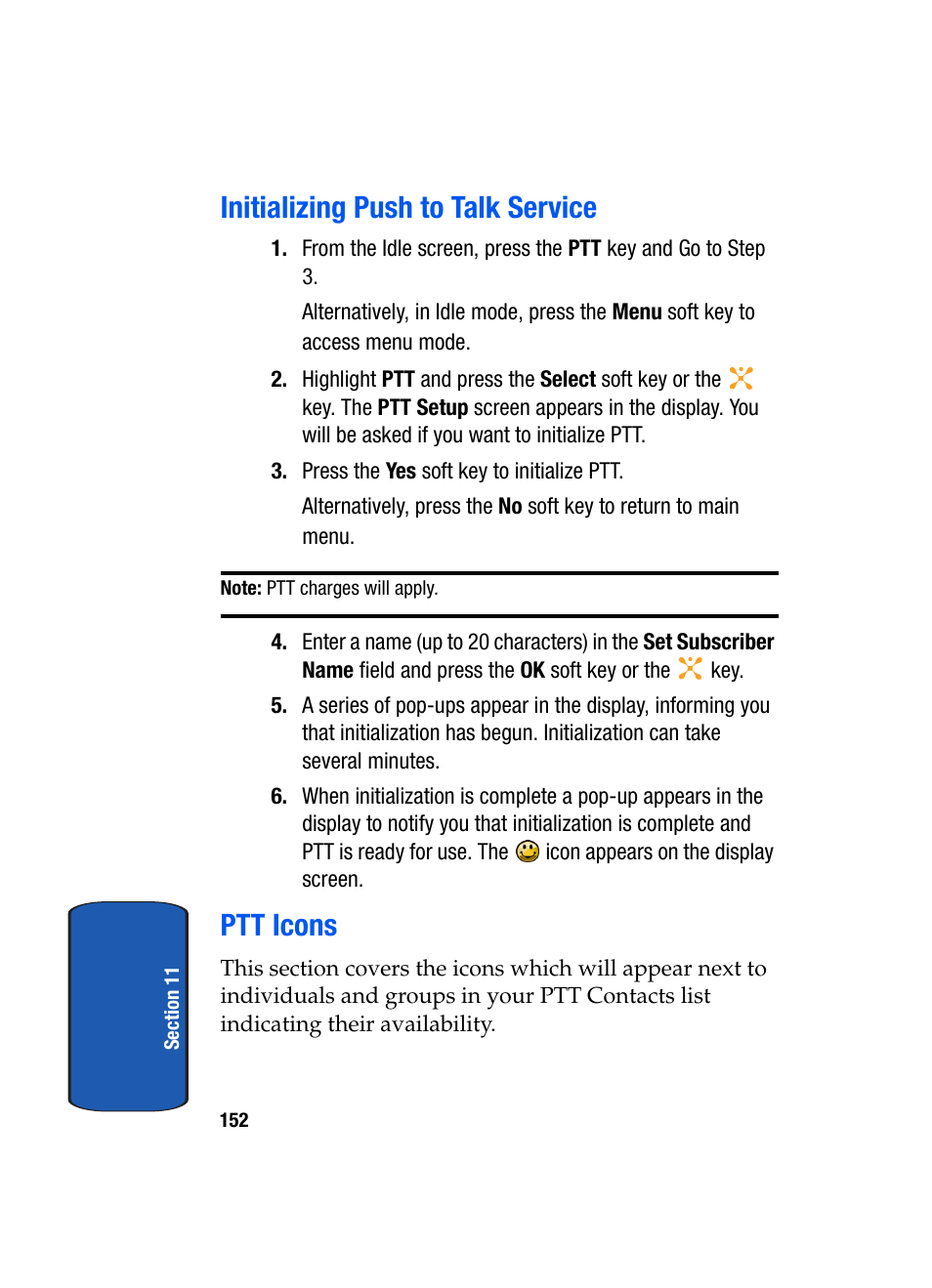 Initializing push to talk service ptt icons, Initializing push to talk service, Ptt icons | Samsung SEGD357MSACIN User Manual | Page 156 / 210