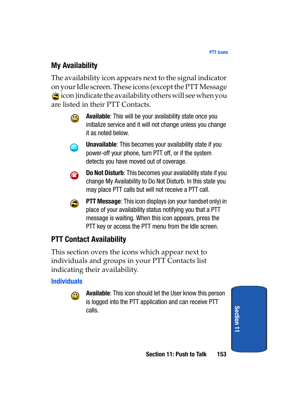 My availability, Ptt contact availability | Samsung SEGD357MSACIN User Manual | Page 157 / 210