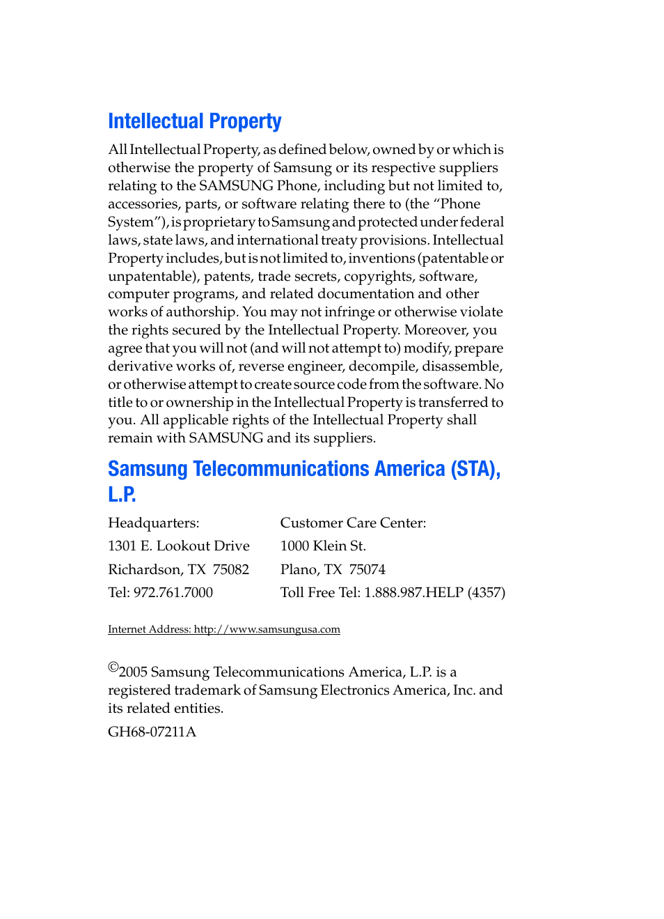 Intellectual property, Samsung telecommunications america (sta), l.p | Samsung SEGD357MSACIN User Manual | Page 2 / 210