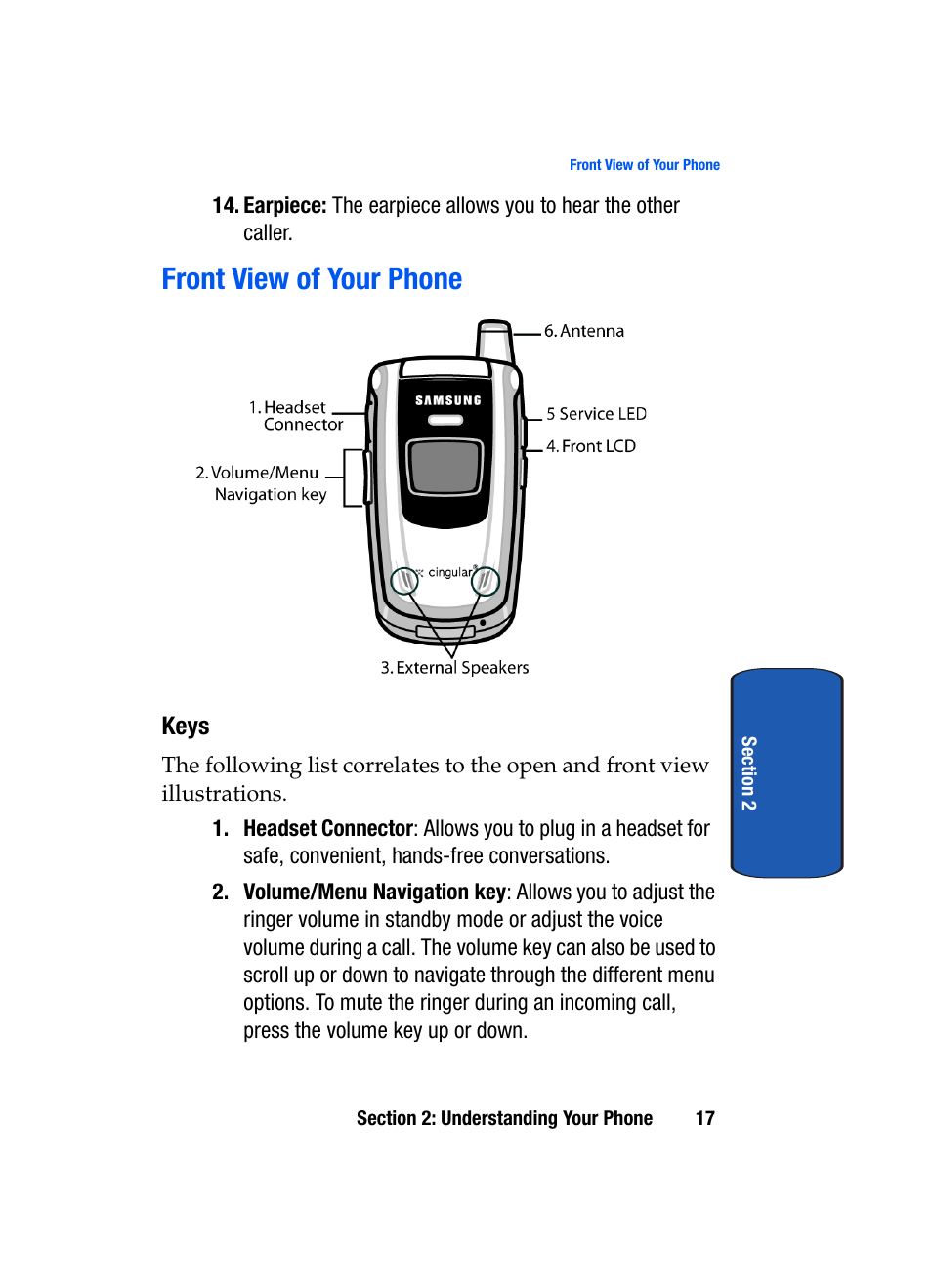 Front view of your phone | Samsung SEGD357MSACIN User Manual | Page 21 / 210