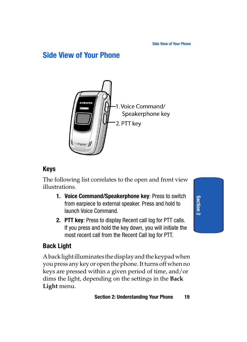 Side view of your phone | Samsung SEGD357MSACIN User Manual | Page 23 / 210