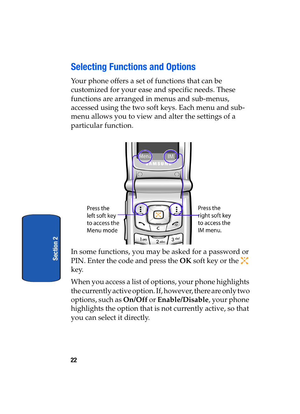 Selecting functions and options | Samsung SEGD357MSACIN User Manual | Page 26 / 210