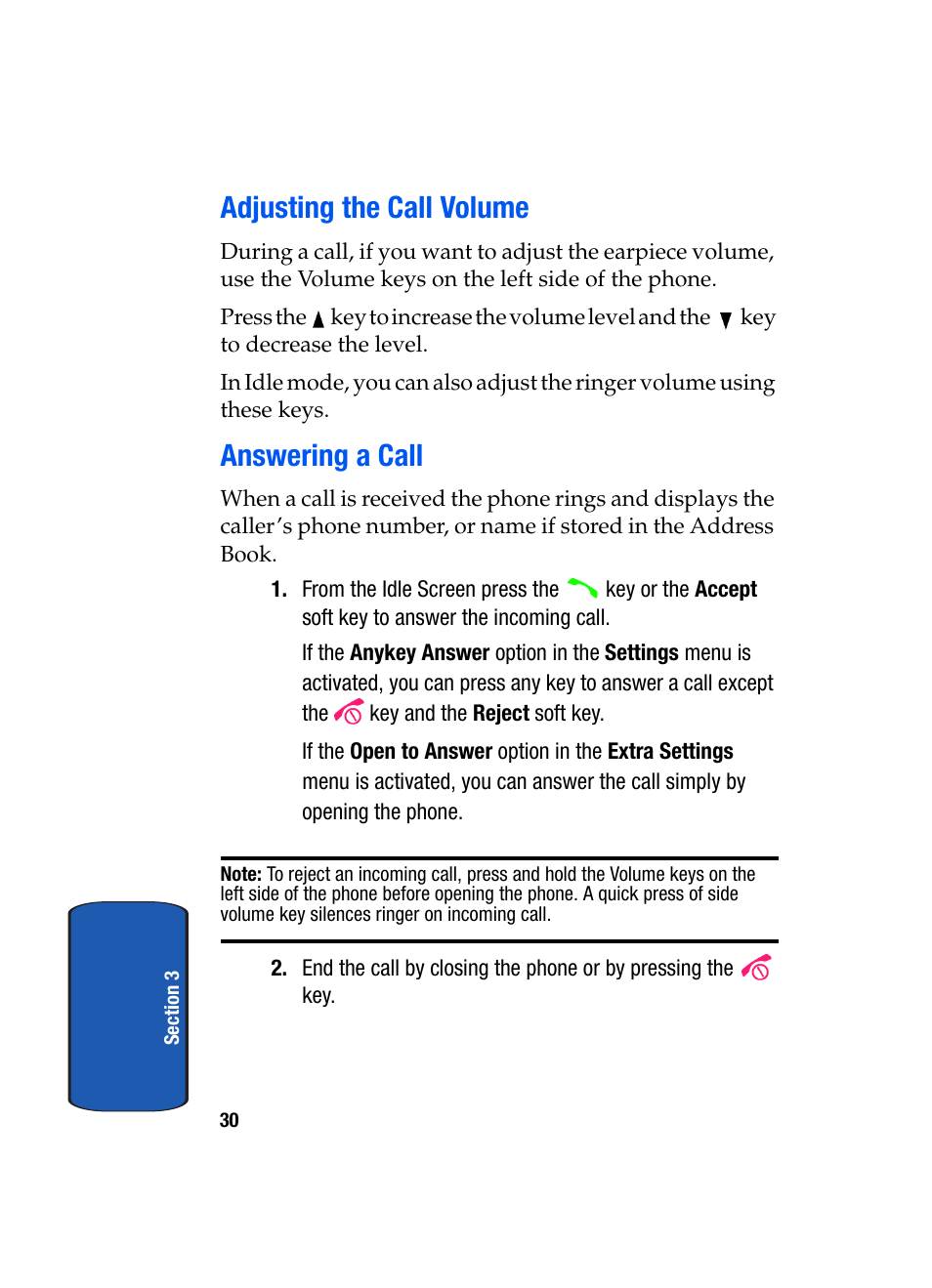 Adjusting the call volume answering a call, Adjusting the call volume, Answering a call | Samsung SEGD357MSACIN User Manual | Page 34 / 210